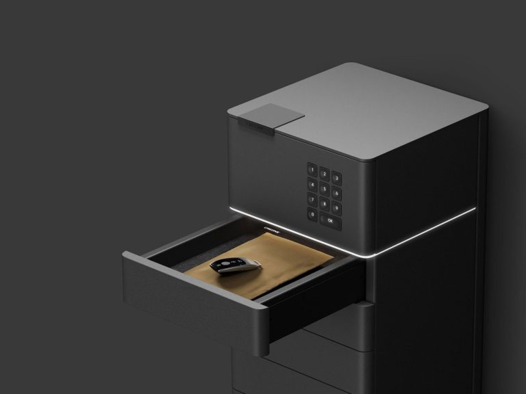 Armoire à objets de valeur moderne noir avec tiroir ouvert.