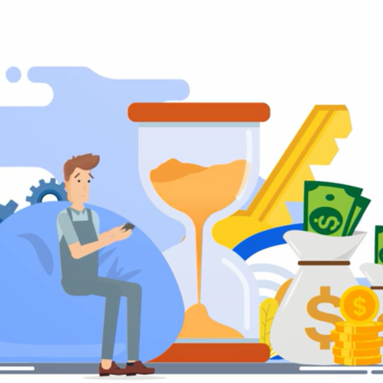 Un homme assis avec un smartphone, des outils, une horloge et de l'argent en arrière-plan.