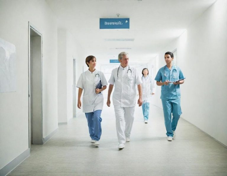 Quatre professionnels de santé marchent dans un couloir d'hôpital.
