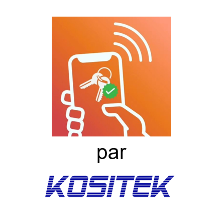 Main dans un smartphone tenant des clés avec une coche, logo Kositek.