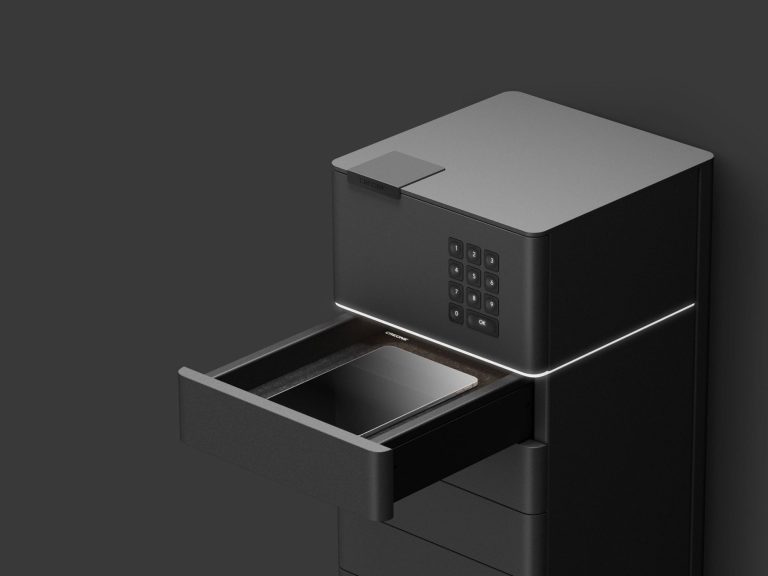 Armoire électronique noir avec tiroir ouvert.