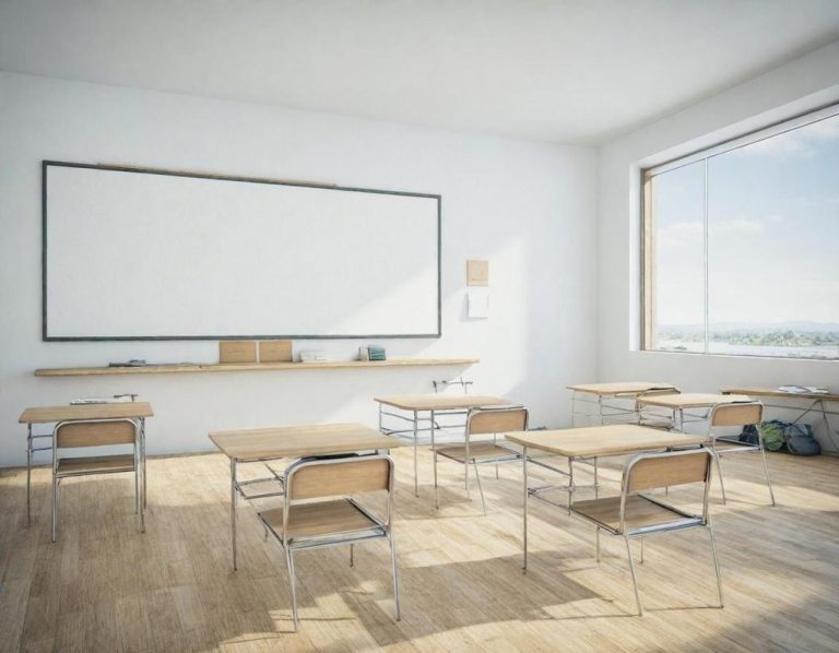 Salle de classe lumineuse avec des bureaux en bois et un tableau blanc.