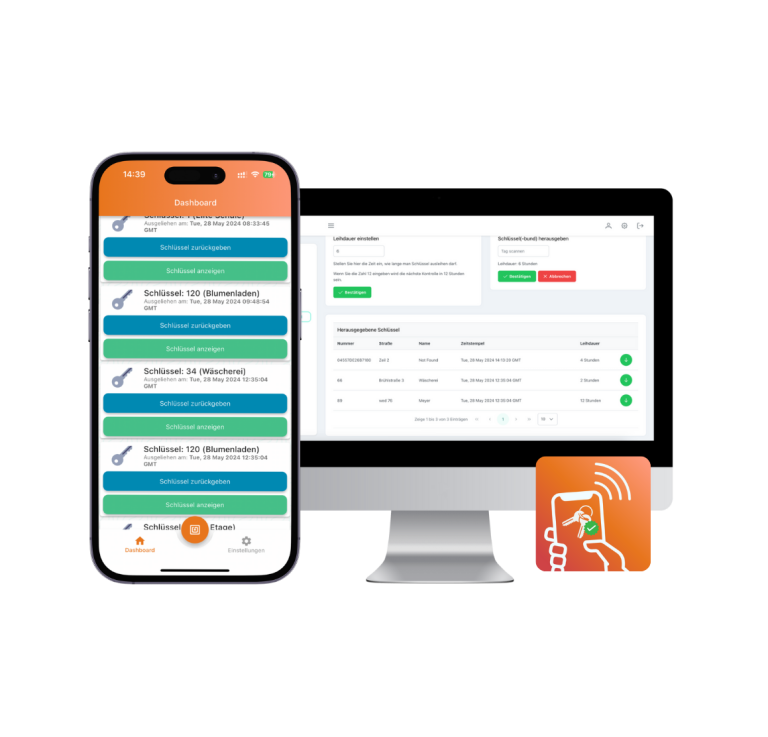 Interface d'application et de tableau de bord sur mobile et ordinateur. Logo orange de DigiClés.