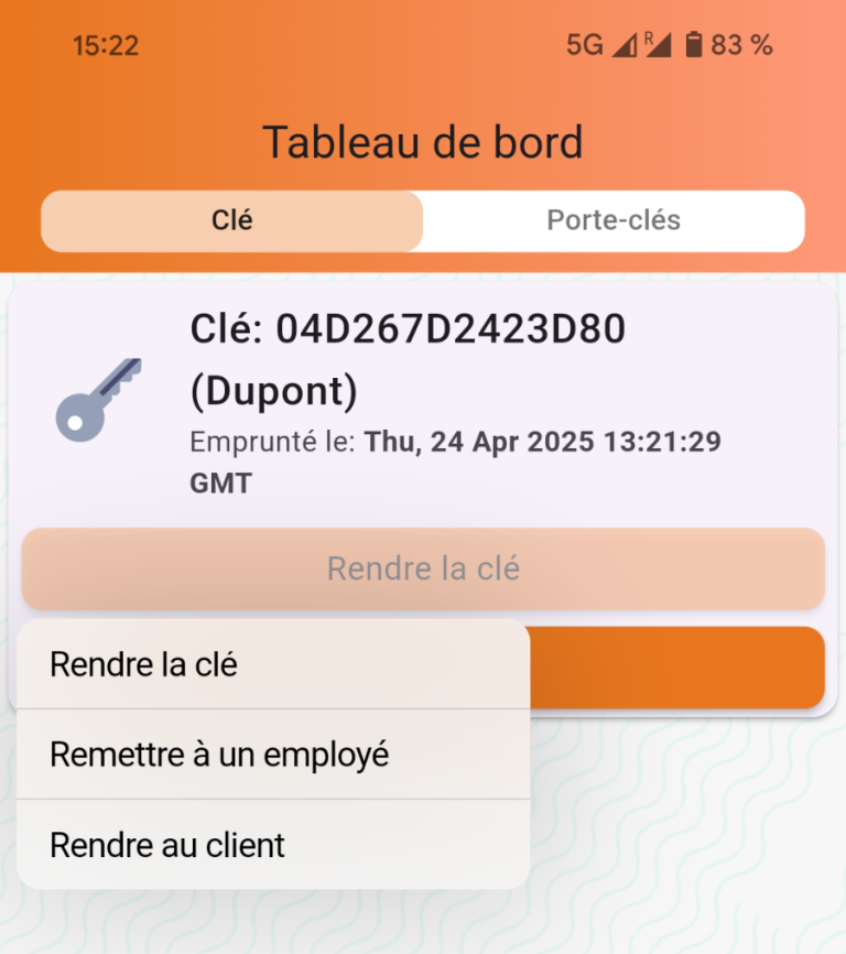 Tableau de bord avec options de retour de clés.