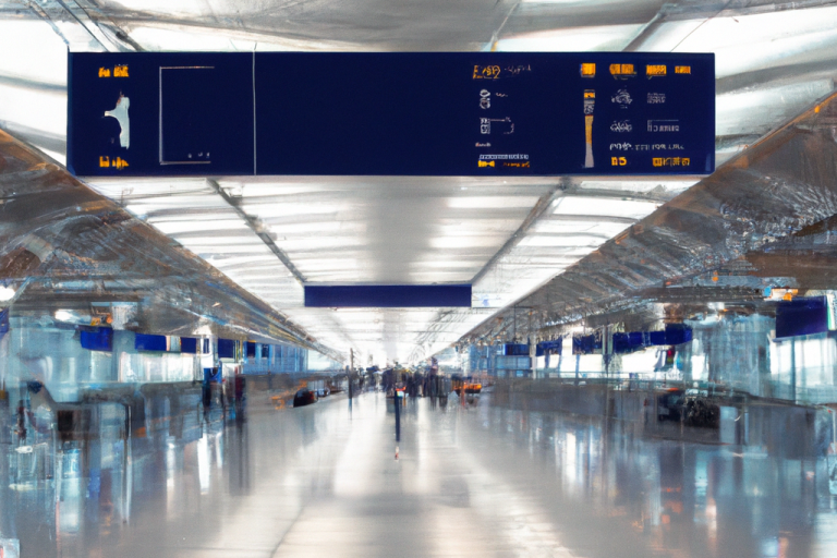 Hall d'aéroport moderne avec un panneau d'affichage au plafond et des passagers qui marchent.