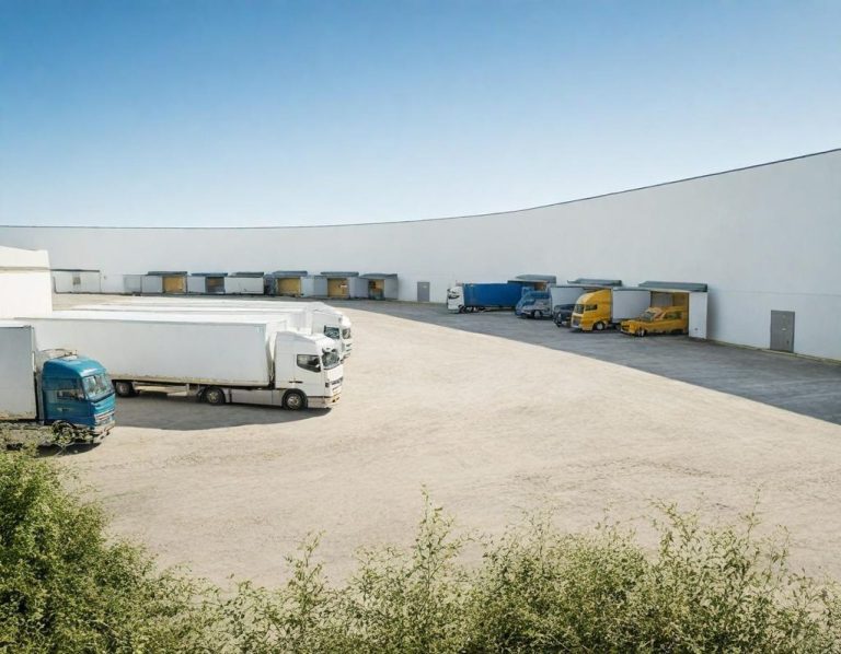 Zone de chargement avec plusieurs camions stationnés et un bâtiment industriel clair.