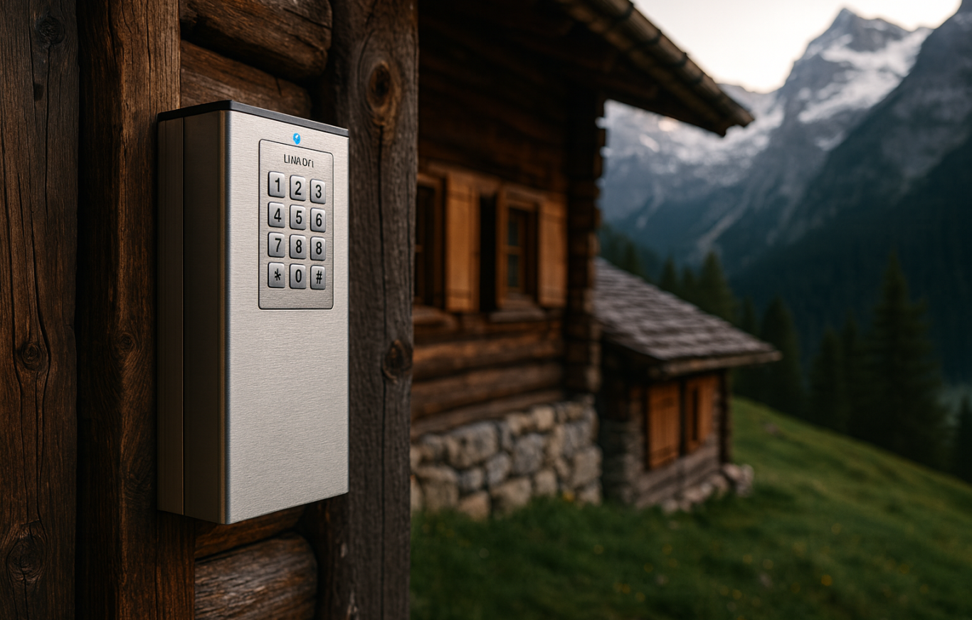 LivionKeyOne - Remise automatique de clés à l'extérieur Distributeur de clés sur un chalet en bois avec des montagnes en arrière-plan.
