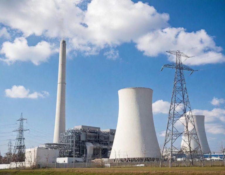 Centrale électrique avec tours de refroidissement et lignes à haute tension sous un ciel bleu.
