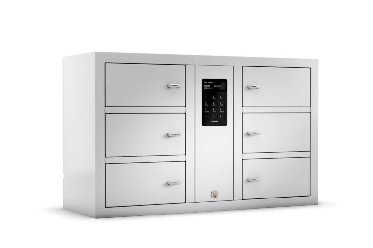Armoire à objets électronique blanche avec six tiroirs et un panneau de contrôle central.
