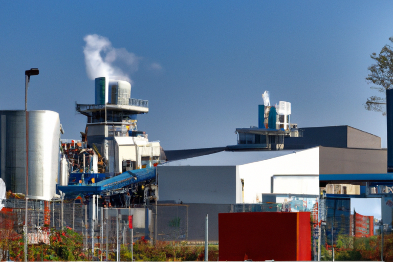 Usine moderne avec cheminées émettant de la vapeur, ciel dégagé.