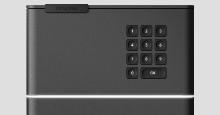 Armoire CREONE Frameless noir avec un clavier numérique en haut.