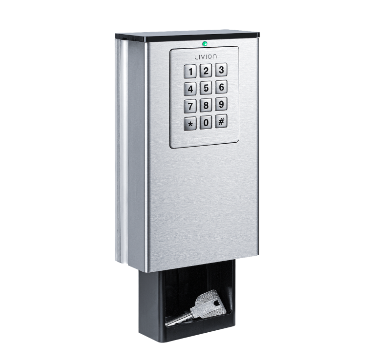 Boîtier de clé mural avec clavier numérique et compartiment à clé ouvert.