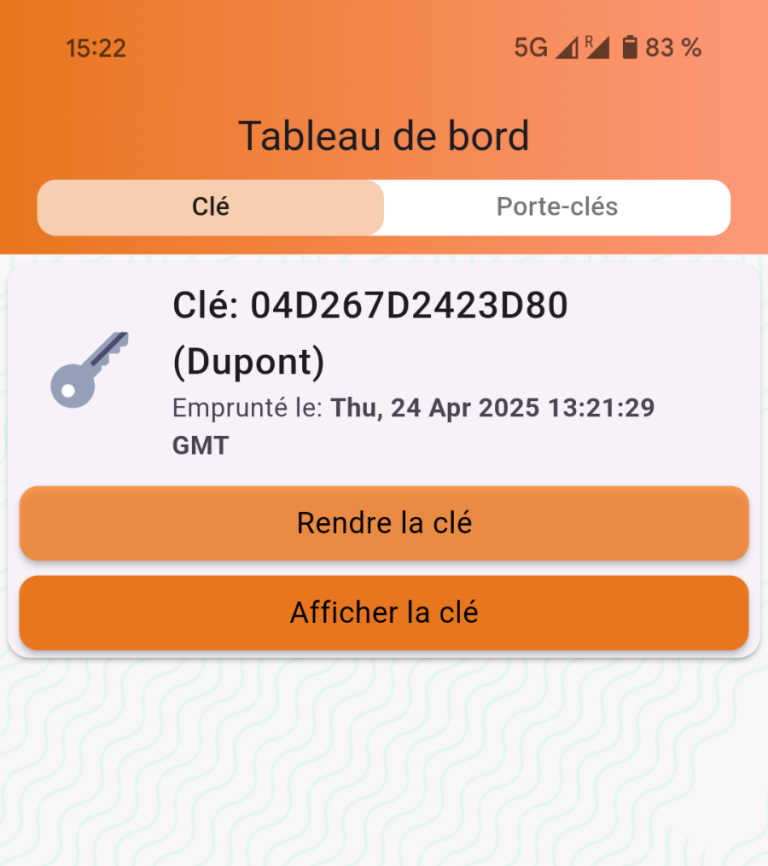 Tableau de bord affichant des informations sur des clés avec horodatage.