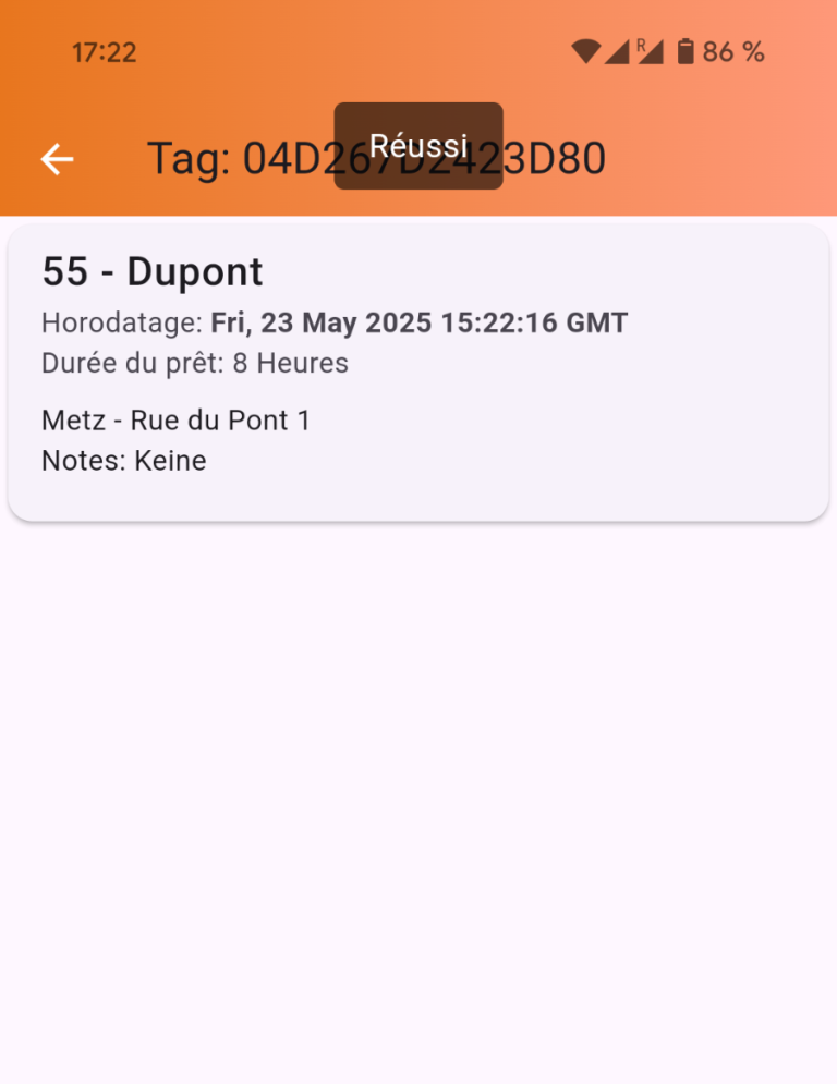 Informations de contact d'un utilisateur avec nom, date, durée et adresse.