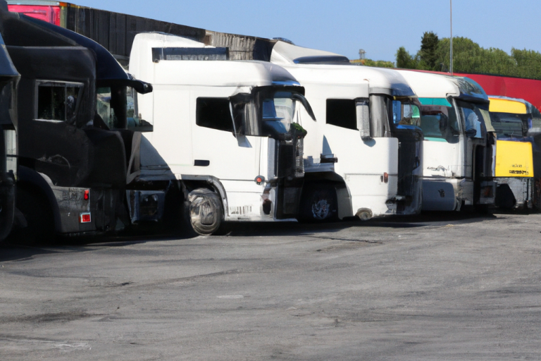 Trois camions garés sur un terrain, de couleurs noir, blanc et jaune.