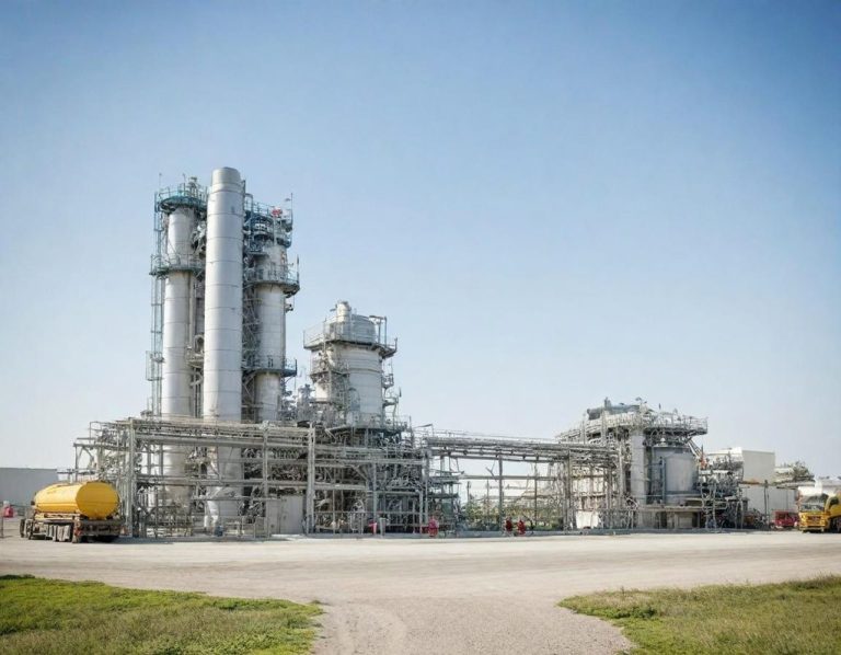 Usine industrielle avec structures métalliques et équipements de production.