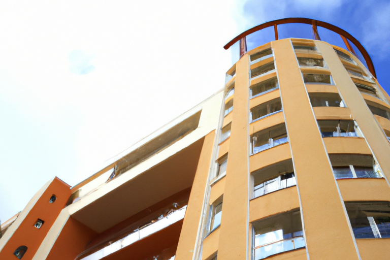 Immeuble moderne aux façades jaunes et blanches, avec un toit rouge courbé.