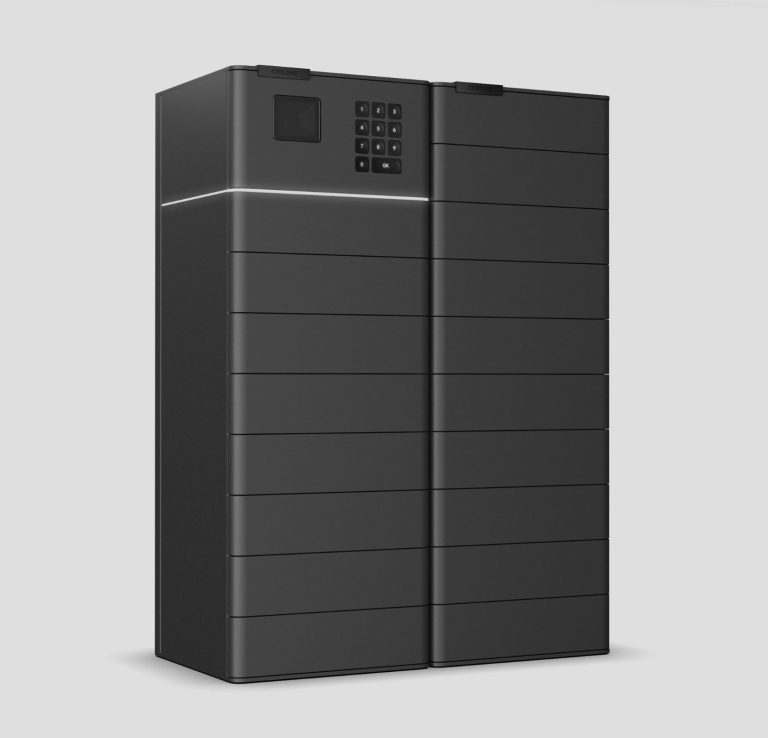 Armoire à tiroirs électronique pour objets de valeur moderne noir avec une façade lisse.