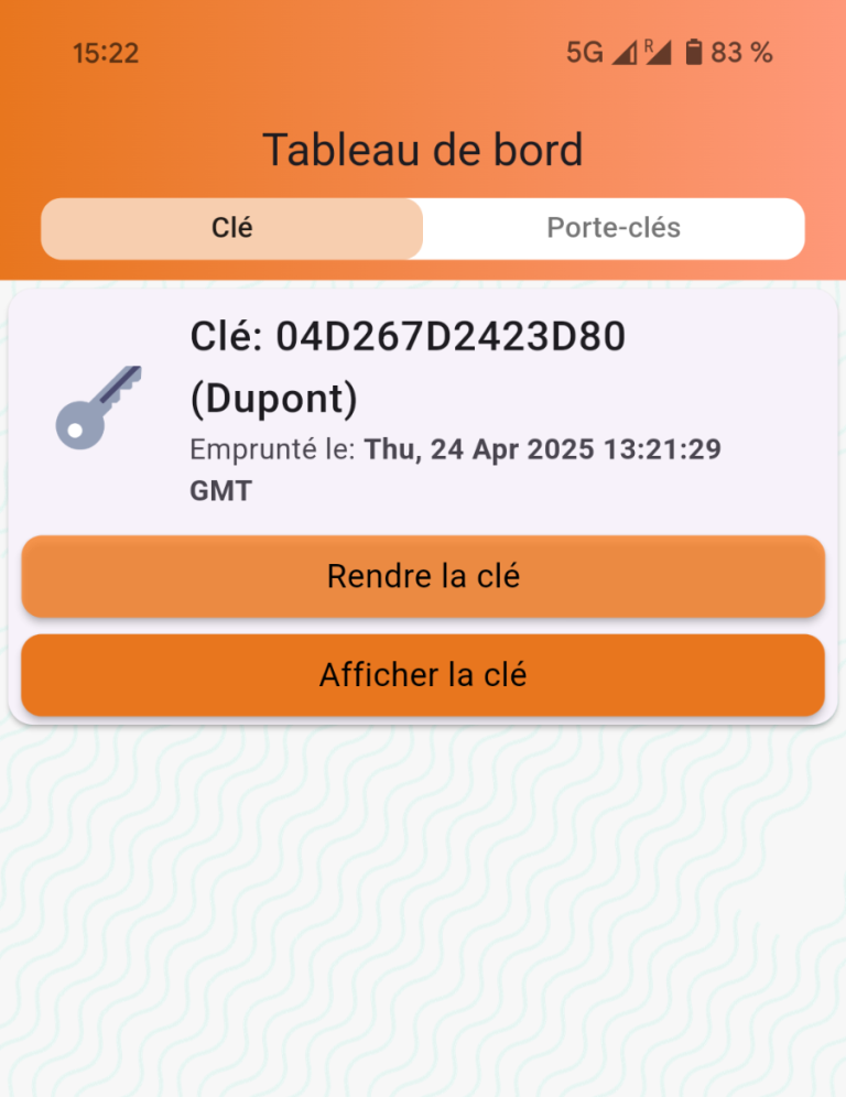 Tableau de bord affichant la clé et des options pour la gestion de celle-ci.