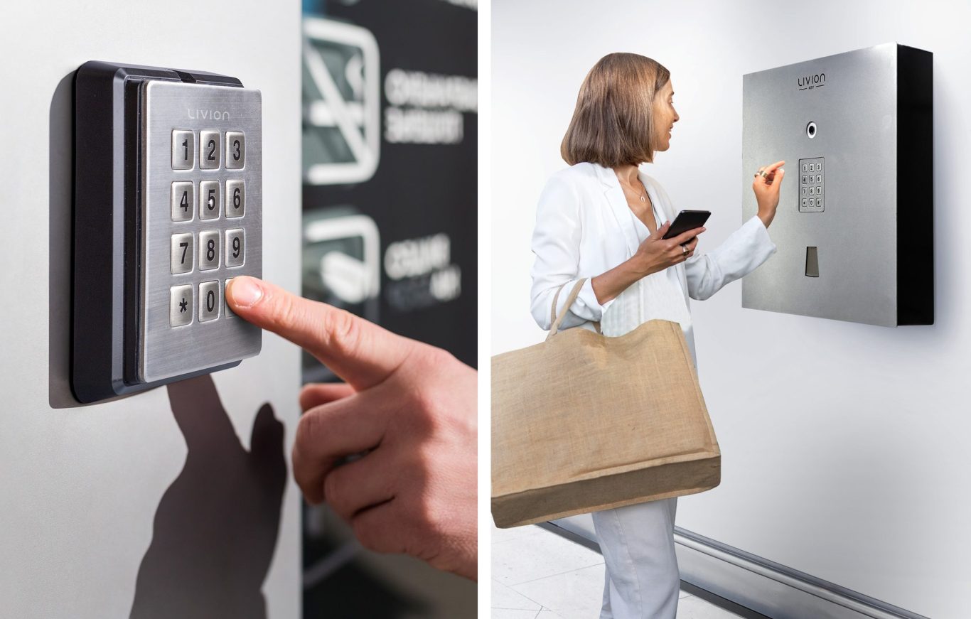 LivionKey30 et LivionKeyPad Un clavier numérique à gauche et une femme avec un sac à main à droite, utilisant un téléphone.