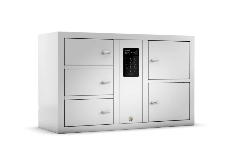 Armoire à objets électronique moderne avec plusieurs tiroirs et un panneau de contrôle numérique.